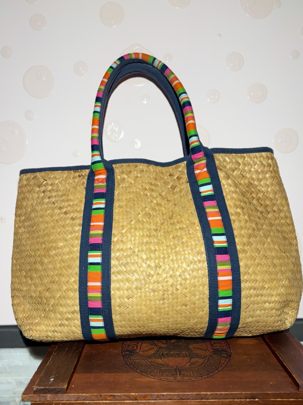 Straw Beach Tote Bag with Multicolored Woven Ribbon Straps